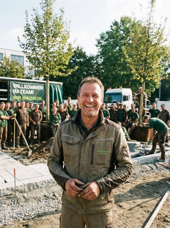 GaLaBau-Inhaber mit seinem Team auf der Baustelle